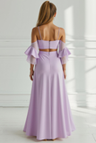 Lilac A Line Round Neck Long Bridesmaid Dress with Ruffles