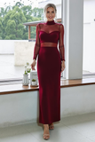 Cabernet High Neck Satin Sheath Maxi Wedding Guest Dress with Sleeves