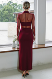 Cabernet High Neck Satin Sheath Maxi Wedding Guest Dress with Sleeves