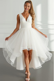 White High Low V-Neck Ruffled Engagement Dress