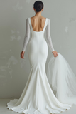 White Mermaid Chiffon Bateau Neck Sweep Train Wedding Dress with Slit