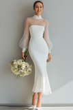 White Mermaid High Neck Maxi Wedding Reception Dress with Sleeves