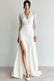 White Chiffon V-Neck Maxi Wedding Reception Dress with Slit