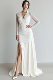 White Chiffon V-Neck Maxi Wedding Reception Dress with Slit