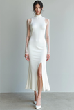 White High Neck Mermaid Chiffon Long Engagement Dress with Sleeves