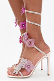 Glitter Beaded Pink Flowers Wrap Up Strappy Gladiator High Heeled Sandals