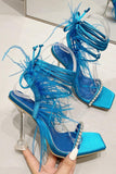 Fuchsia Stiletto High Heel Strappy Gladiator Sandals with Feather