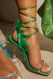 Fuchsia Stiletto High Heel Strappy Gladiator Sandals with Feather