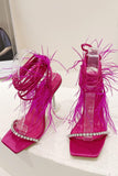 Fuchsia Stiletto High Heel Strappy Gladiator Sandals with Feather