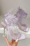 Fuchsia Stiletto High Heel Strappy Gladiator Sandals with Feather