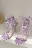 Fuchsia Stiletto High Heel Strappy Gladiator Sandals with Feather