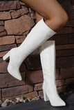 White Go Go Pointed Toe Knee High Chunky Heel Boots