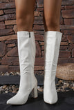 White Go Go Pointed Toe Knee High Chunky Heel Boots