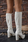 White Go Go Pointed Toe Knee High Chunky Heel Boots