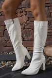 White Go Go Pointed Toe Knee High Chunky Heel Boots