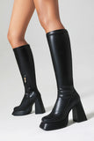 White Go Go Knee High Chunky Platform Square Toe Heel Boots