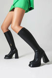White Go Go Knee High Chunky Platform Square Toe Heel Boots