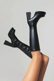 White Go Go Knee High Chunky Platform Square Toe Heel Boots
