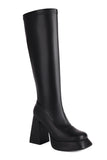 White Go Go Knee High Chunky Platform Square Toe Heel Boots