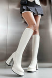 White Go Go Knee High Chunky Platform Square Toe Heel Boots