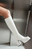 White Go Go Knee High Chunky Platform Square Toe Heel Boots
