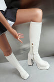 White Go Go Knee High Chunky Platform Square Toe Heel Boots