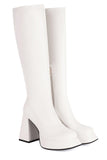 White Go Go Knee High Chunky Platform Square Toe Heel Boots