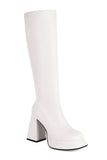 White Go Go Knee High Chunky Platform Square Toe Heel Boots