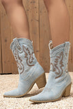 Light Blue Wide Calf Embroidered Chunky Heel Western Cowgirl Boots