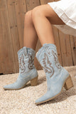 Light Blue Wide Calf Embroidered Chunky Heel Western Cowgirl Boots