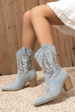Light Blue Wide Calf Embroidered Chunky Heel Western Cowgirl Boots