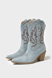 Light Blue Wide Calf Embroidered Chunky Heel Western Cowgirl Boots