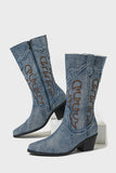 Dark Blue Mid Calf Embroidered Chunky Heel Cowgirl Boots