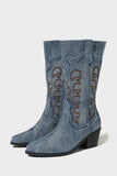Dark Blue Mid Calf Embroidered Chunky Heel Cowgirl Boots