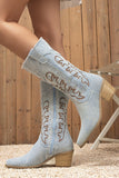 Dark Blue Mid Calf Embroidered Chunky Heel Cowgirl Boots