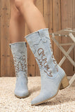 Dark Blue Mid Calf Embroidered Chunky Heel Cowgirl Boots