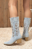 Dark Blue Mid Calf Embroidered Chunky Heel Cowgirl Boots