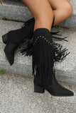 Brown Mid Calf Leopard Chunky Heel Cowgirl Boots with Fringes