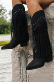 Brown Mid Calf Leopard Chunky Heel Cowgirl Boots with Fringes