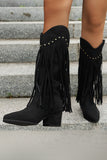 Brown Mid Calf Leopard Chunky Heel Cowgirl Boots with Fringes