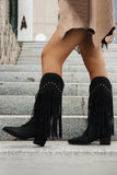 Brown Mid Calf Leopard Chunky Heel Cowgirl Boots with Fringes