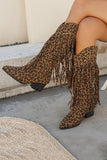 Brown Mid Calf Leopard Chunky Heel Cowgirl Boots with Fringes