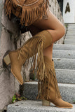 Brown Mid Calf Leopard Chunky Heel Cowgirl Boots with Fringes