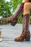 Brown Leopard Western Cowgirl Wide Calf Pointed Toe Chunky Heel Boots