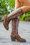 Brown Leopard Western Cowgirl Wide Calf Pointed Toe Chunky Heel Boots