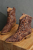 Brown Leopard Cowgirl Wide Calf Pointed Toe Chunky Heel Ankle Boots
