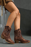 Brown Leopard Cowgirl Wide Calf Pointed Toe Chunky Heel Ankle Boots