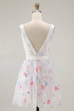 Sparkly White A Line V-Neck Short Cocktail Dress with Sequins