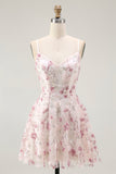 Sparkly Pink Floral A Line Short Cocktail Dress with Sequins