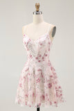 Sparkly Pink Floral A Line Short Cocktail Dress with Sequins